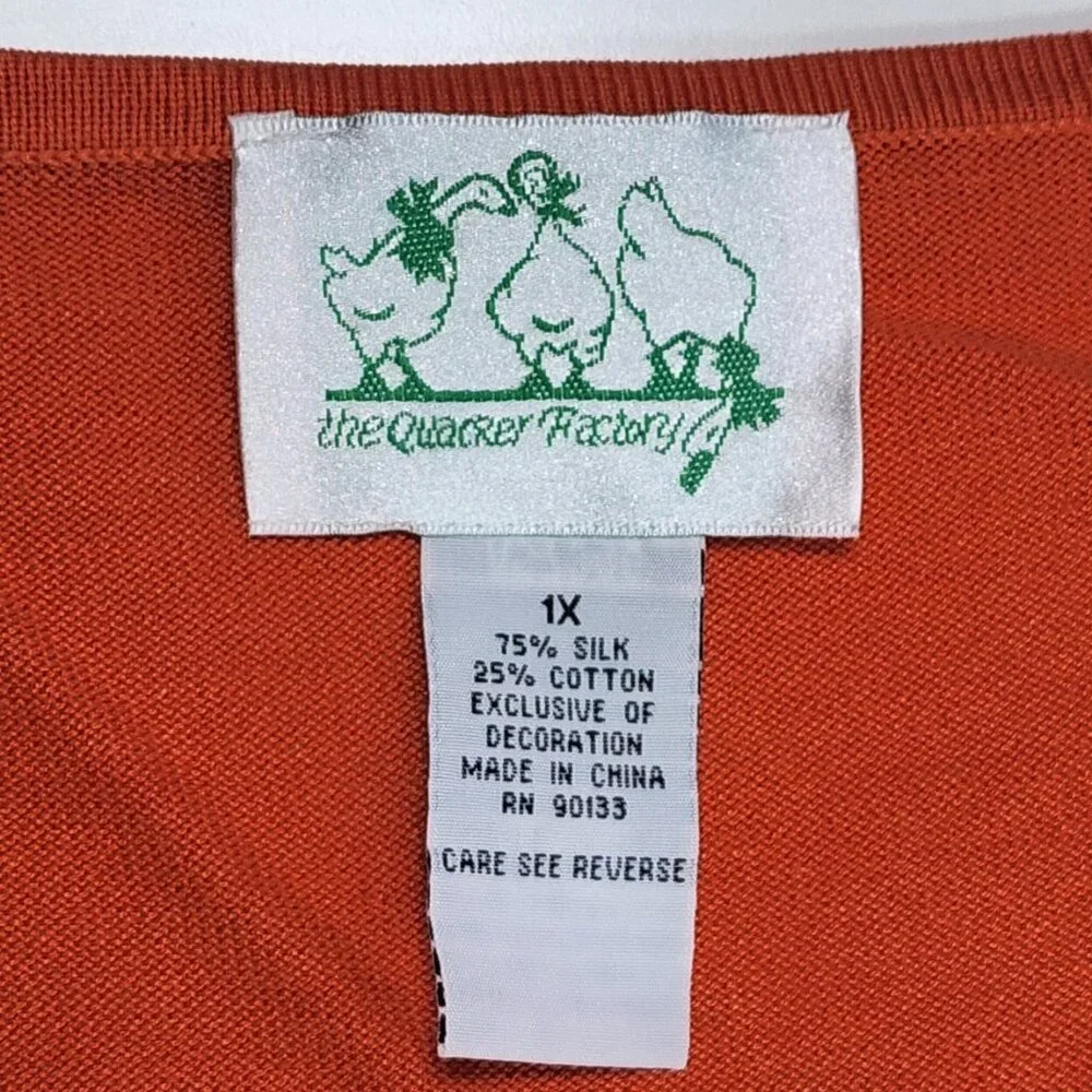 The Quacker Factory 1X Silk Cotton Orange Studded Sweater Top Square Neck Short